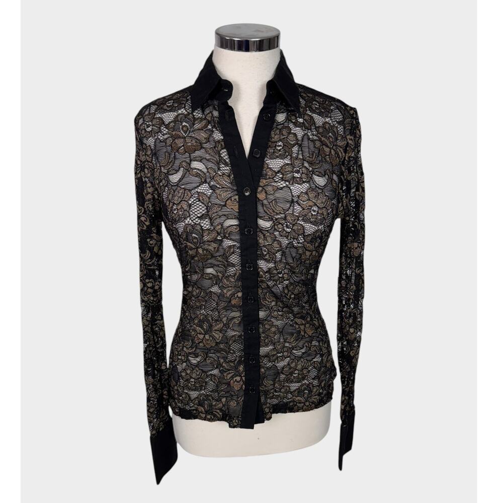 Anne Fontaine Paris France Size 40 Black Sheer Lace Button Up Shirt